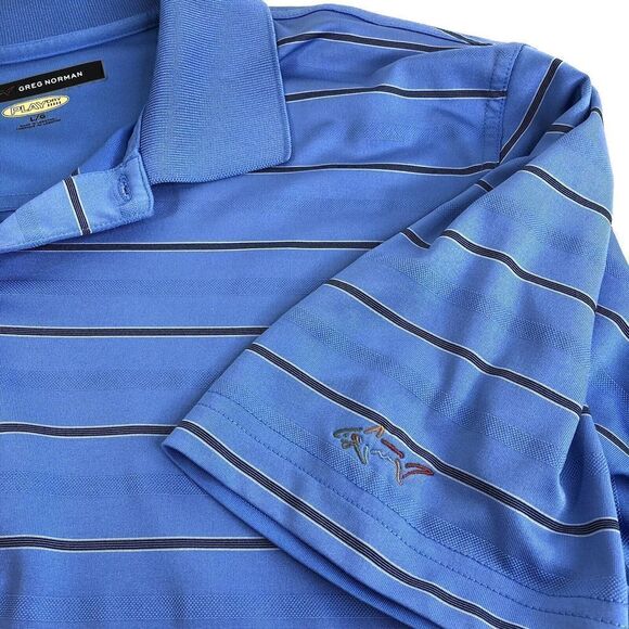 Greg Norman Men's Play Dry Polo Shirt Short Sleeve Golf Size Large Blue Striped - Picture 4 of 6